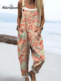 Women's Vintage Floral Pattern Art Print Sleeveless Cotton Pocket Wrap Dress