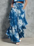 Blue Tie-dye Sleeveless Crop Top + Asymmetric Wide-leg Pants Set