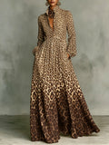Gradient Leopard Print Stand Collar Button-down Maxi Shirt Dress