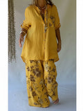 Casual Floral Print Linen And Cotton Shirt And Trousers Two-piece Set