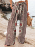 Women's Vintage Ethnic Floral Art Printed Cotton And Linen Casual Pants