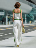 White & Green Trim Linen Cotton Square Neck Camisole & Wide Leg Pants Set