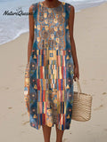 Women's Abstract Geometric Pattern Art Print Sleeveless Cotton Pocket Wrap Dress