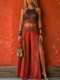 Bohemian-style Two-piece Set: Lace-up Top And Slit Pants