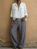 Women's Solid-color Cotton-linen Shirt With Pocket And Henley Collar