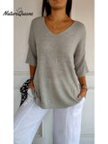Women's Solid Color Knitted 3/4 Sleeve V-neck Top