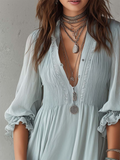 Elegant Lace Trim Pleated Chiffon Dress With Puff Sleeves