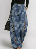 Women's Retro Patchwork Art Print Casual & Stylish Distressed Jeans