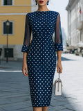 Women's Polka Dot Print Round Neck 3/4-sleeve Casual Slim-fit Pencil Dress