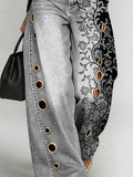 Women's Retro Floral Art Print Casual Stylish Hollow Denim Pants