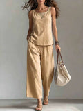 Women's Square-neck Sleeveless Cotton-linen Top And Pants Set