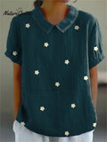 Petite White Daisy Repeat Pattern Printed Women's Casual Cotton And Linen Shirt