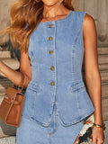 Denim Button Sleeveless Vest & Wide Leg Jeans 2Pcs Set