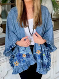 Ursime Cute Floral 3/4 Sleeve Loose Ruffle Trim Cardigan