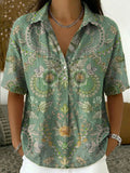 Women's Vintage Botanical Floral Casual Polo Collar Short-sleeved Linen And Cotton Shirt