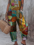 Women's Vintage Art Print Casual Jumpsuit
