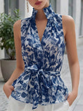 Women's Abstract Print V-neck Sleeveless Loose-fit Chiffon Top