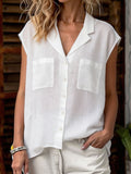 Women's Sleeveless Shirt With Double Pockets And Turn-down Collar