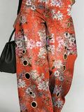 Women's Retro Floral Art Print Casual Stylish Hollow Denim Pants