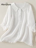 Cotton And Linen Solid Color Five-Quarter Sleeve Lapel Loose Shirt