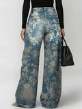 Women's Retro Floral Art Print Casual Stylish Hollow Denim Pants