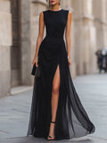 Women's Solid-color Round-neck Sleeveless Casual Loose A-line Dress With Chiffon Paneling