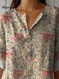 70s Style Vintage Floral Garden Printed Women's Casual Cotton Linen Shirt
