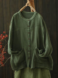 Women Autumn Pure Color Buttoned O-Neck Cotton Shirt