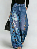 Vintage Distressed Rose-print Wide-leg Pants — High-waisted, Slimming Straight-leg Jeans With Side Slits