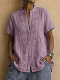 Women's Casual Cotton-linen Stand-collar Shirt With Embroidered Cutouts