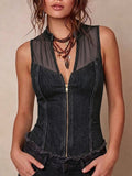 Women's V-neck Sleeveless Casual Loose Denim-paneled Top