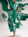 Women's Abstract Print Stand-collar Sleeveless Loose-fit Casual Dress