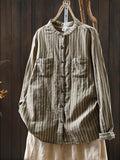 Women Spring Vintage Stripe Stand Collar 100%Cotton Shirt