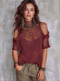 Boho Sexy Semi-mock Neck Cutout Cold-shoulder Knit Top