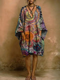 Women's Vintage Pattern Print Short-sleeve Cotton-linen Dress