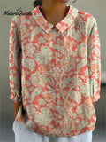 Women's Vintage Lovely Floral Art Print Casual Cotton And Linen 3/4 Sleeve Shirt
