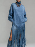 Ursime Daily Blue High Collar Lantern Sleeve Long Sleeve Strappy Western Pocket Denim Midi Dresses [Pre-Order]