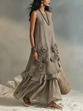 Women's Sleeveless Cotton And Linen Dress With 3d Floral Decoration