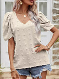 Women's V-Neck Short-Sleeve T-Shirt with Puff Sleeves — Casual Top
