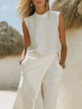 Women's Solid Color Art Stylish Casual Top And Pants Cotton Linen Two-piece Set