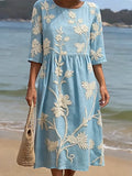Women's CasualRound Neck Mid Sleeve Print Cotton and Linen Dress