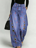 Vintage Cherry Decorative Pattern Women's Casual Cotton Denim Pants