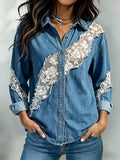 Stylish Casual Spliced lace Denim Shirt