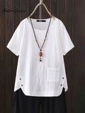 Women'S Solid Color Cotton And Linen Round Neck Button Short Sleeve Irregular Slit At Hem Button Blouse