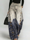 Women's Abstract Line Art Print Casual Stylish Hollow Denim Pants