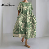 Japanese Art Plum Blossom Printed Crew Neck Casual Midi Dress