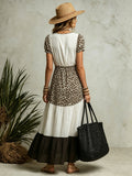 Leopard Print & Color Block Tiered High-low Maxi Dress