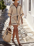 Women's Casual Loose-fit Cotton-linen Set: V-neck 3/4-sleeve Top & Elastic-waist Wide-leg Shorts