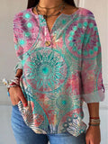 Women's Retro Floral Art Pattern Print Casual Cotton Linen Shirt