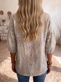 Women's Vintage-print Square-neck 3/4-sleeve Casual Loose Cotton-linen Top